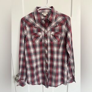 Ariat Women’s Western Plaid Snap Button Shirt Medium Red White Cotton Rodeo